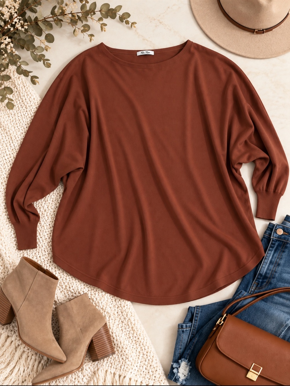 Rust Brown Long-Sleeve Men's Crewneck Shirt